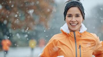 Smiling Woman Running in Snowy Park During Winter Afternoon photo