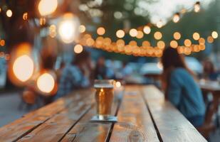 Evening Gathering at a Forest Beer Garden With Warm Lights and Refreshing Drinks photo
