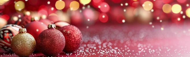 Festive Christmas Ornaments on Red Surface With Glittering Bokeh Background photo