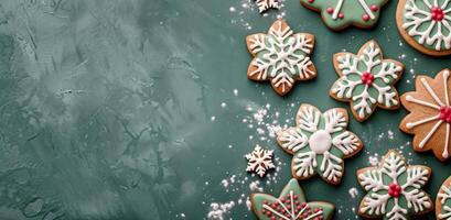 Decorated Christmas Cookies on a Green Surface With Snowflake Designs photo