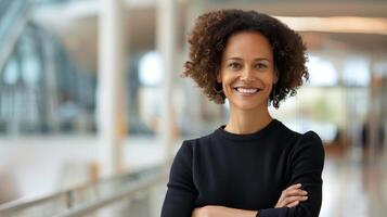 Smiling Woman in Black Top Posing in Modern Indoor Space photo