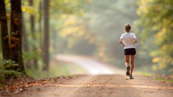 Young Runner on a Dirt Path Surrounded by Trees During Early Morning Light photo