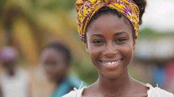 Young Woman Smiling in Traditional Attire at Sunset in a Blurred Field photo