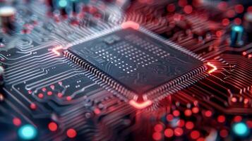 Close-Up of a Circuit Board With Illuminated Microchip in Dark Environment photo