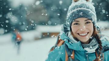 Smiling Woman Running in Snowy Park During Winter Afternoon photo