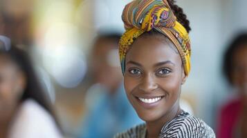 Smiling Woman in Straw Hat Enjoying a Sunny Day at Outdoor Gathering photo