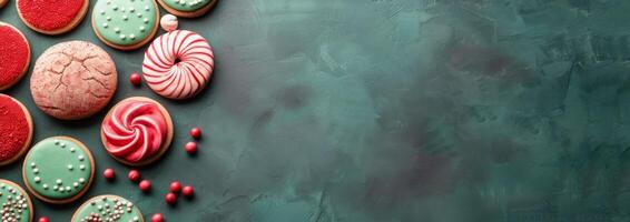 Festive Colorful Cookies With Powdered Sugar on a Textured Green Surface photo