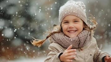 Smiling Woman Running in Snowy Park During Winter Afternoon photo