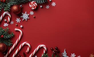 Festive Christmas Decor With Candy Canes and Snowflakes on Red Background photo
