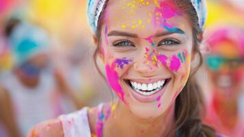 Joyful Woman Smiling With Colorful Powder at Outdoor Festival During Daylight photo