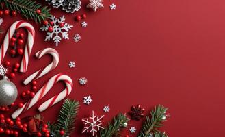 Festive Christmas Decor With Candy Canes and Snowflakes on Red Background photo