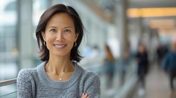 Smiling Woman in Black Top Posing in Modern Indoor Space photo