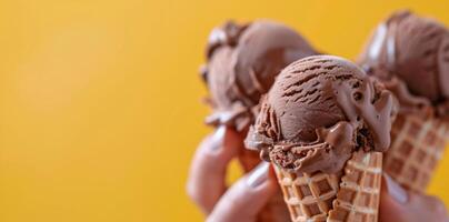 Delicious Ice Cream Cones Held by Hand With Chocolate and Vanilla Flavors photo