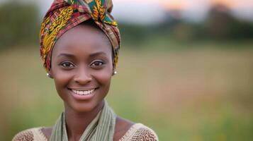 Young Woman Smiling in Traditional Attire at Sunset in a Blurred Field photo