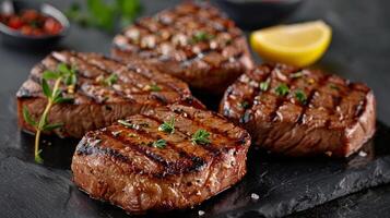 Grilled Steak Pieces on Slate Plate With Sauce and Spices photo