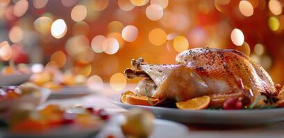 Roast Turkey on a Silver Platter Surrounded by Festive Decorations and Lights photo