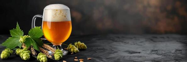 Refreshing Golden Beer in a Frosted Mug With Hops and Barley on Dark Background photo