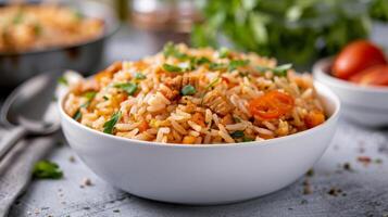 Delicious Chicken Stir-Fry With Rice Served in a Bowl With Fresh Herbs photo