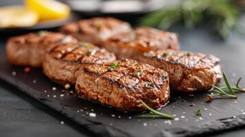 Grilled Steak Pieces on Slate Plate With Sauce and Spices photo