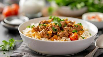 Delicious Chicken Stir-Fry With Rice Served in a Bowl With Fresh Herbs photo