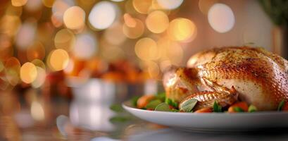 Roast Turkey on a Silver Platter Surrounded by Festive Decorations and Lights photo