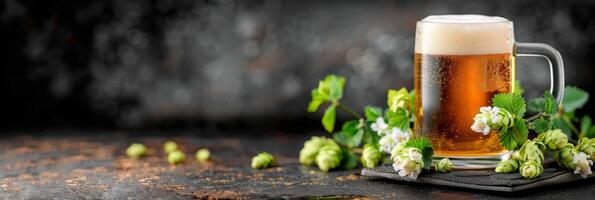 Refreshing Golden Beer in a Frosted Mug With Hops and Barley on Dark Background photo