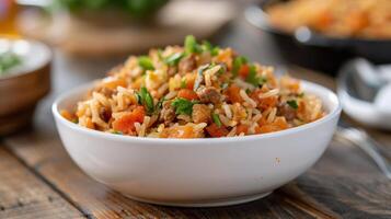 Delicious Chicken Stir-Fry With Rice Served in a Bowl With Fresh Herbs photo