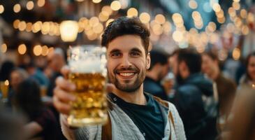 Young Man Holding Beer Mug at Festive Market During Evening Hours photo