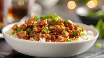 Delicious Chicken Stir-Fry With Rice Served in a Bowl With Fresh Herbs photo