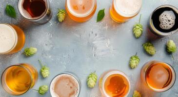 Assorted Craft Beers and Fresh Hops on Blue Surface During Afternoon Gathering photo