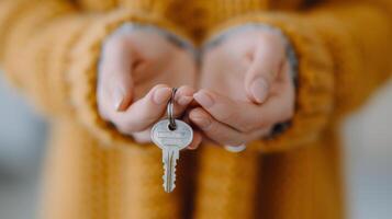 Person Holding Key in Both Hands Wearing Cozy Sweater photo