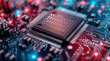 Close-Up of a Circuit Board With Illuminated Microchip in Dark Environment photo