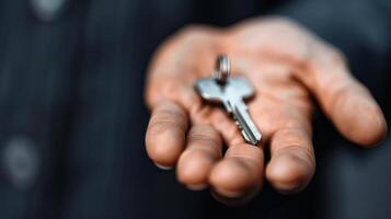 Person Holding Key in Both Hands Wearing Cozy Sweater photo