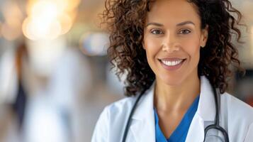 Confident Female Doctor Smiling While Standing in Hospital Corridor During Daytime photo