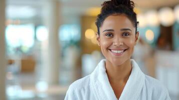 Happy Woman in Spa Robe Smiling at Wellness Center During Relaxing Day photo