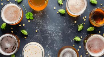 Craft Beers Arranged on a Dark Table With Fresh Hops photo