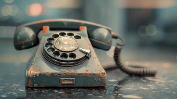 Vintage Rotary Telephone on Table in Urban Cafe With Shiny Surface photo