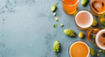 Assorted Craft Beers and Fresh Hops on Blue Surface During Afternoon Gathering photo