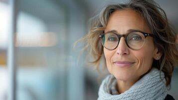 Smiling Woman in Gray Scarf Posing Indoors With Soft Natural Light photo