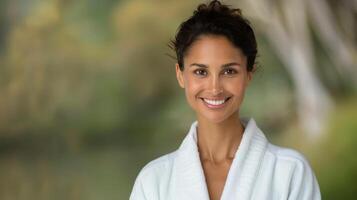 Happy Woman in Spa Robe Smiling at Wellness Center During Relaxing Day photo