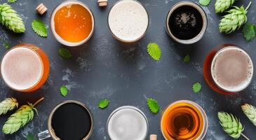 Craft Beers Arranged on a Dark Table With Fresh Hops photo