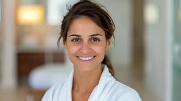 Happy Woman in Spa Robe Smiling at Wellness Center During Relaxing Day photo