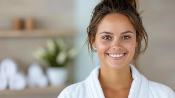 Happy Woman in Spa Robe Smiling at Wellness Center During Relaxing Day photo