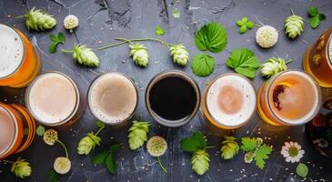 Craft Beers Arranged on a Dark Table With Fresh Hops photo