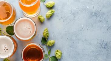 Assorted Craft Beers and Fresh Hops on Blue Surface During Afternoon Gathering photo