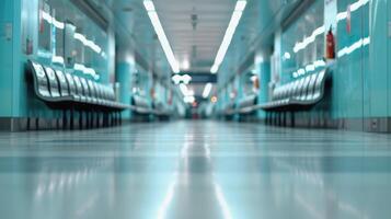 Bright Hallway of a Hospital With Blue Walls and Benches photo