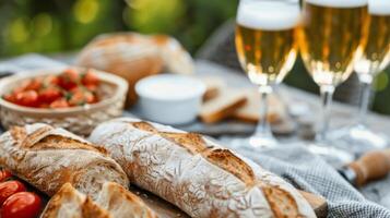 Cozy Picnic With Fresh Bread and Beer in a Sunny Meadow photo