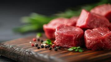 Fresh Cuts of Red Beef Chunks on Dark Wooden Table Ready for Cooking photo