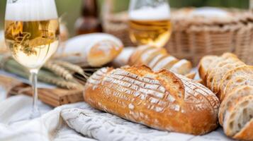 Cozy Picnic With Fresh Bread and Beer in a Sunny Meadow photo