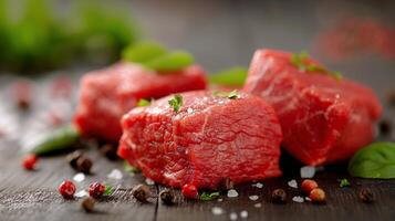 Fresh Cuts of Red Beef Chunks on Dark Wooden Table Ready for Cooking photo